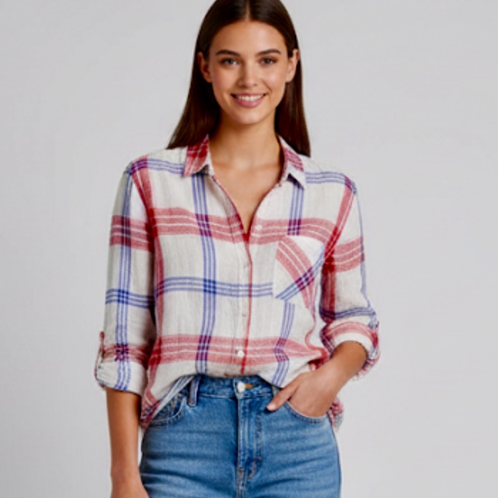 Rails Charlie Carmine Blue White Red Plaid Lightweight linen Button-Up Shirt
